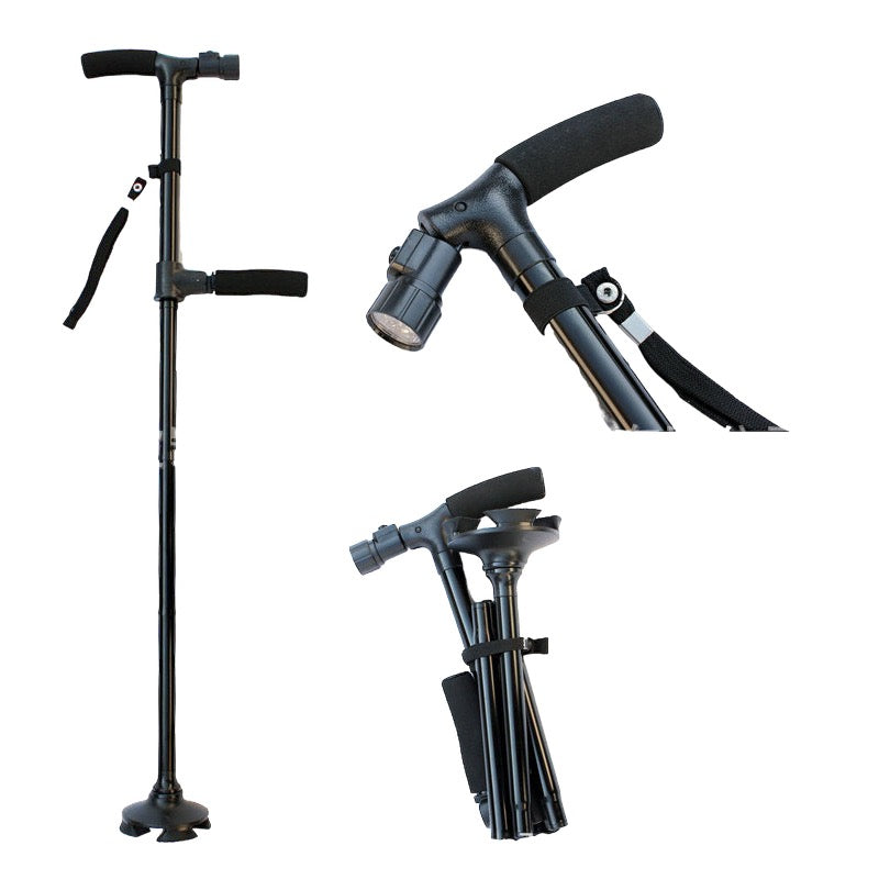 Walking Stick Crane w Twin Grip and Light | Extra Support | Foldable & Adjustable Height | Walking Aid