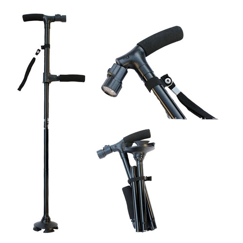 Walking Stick Crane w Twin Grip and Light | Extra Support | Foldable & Adjustable Height | Walking Aid