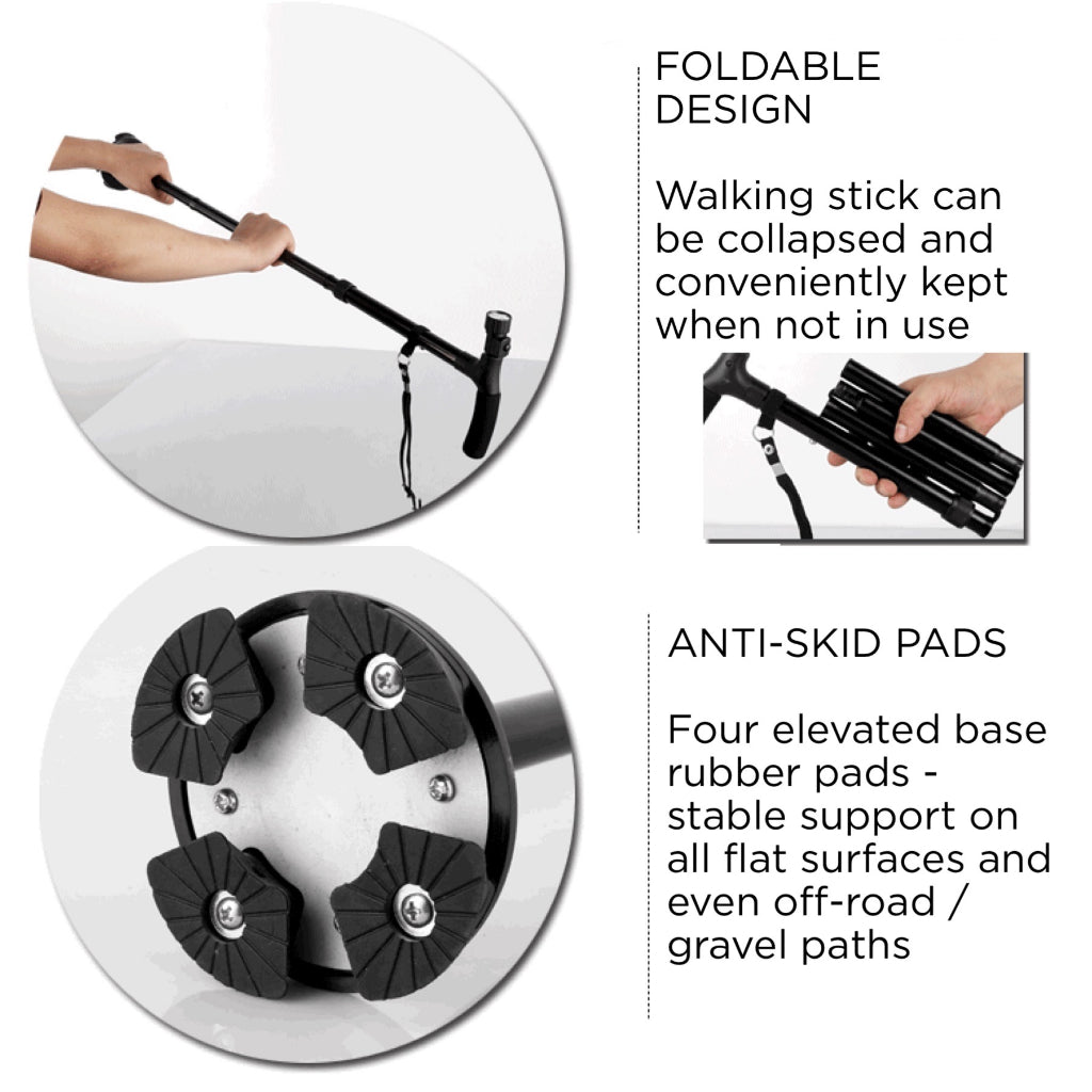 Walking Stick Crane w Twin Grip and Light | Extra Support | Foldable & Adjustable Height | Walking Aid