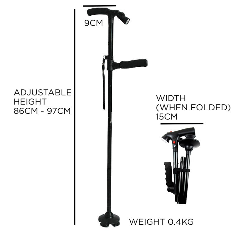 Walking Stick Crane w Twin Grip and Light | Extra Support | Foldable & Adjustable Height | Walking Aid