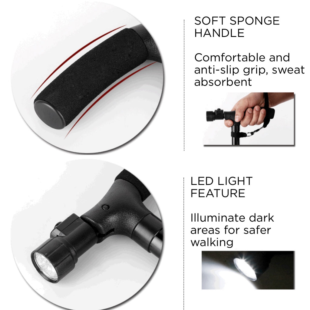 Walking Stick Crane w Twin Grip and Light | Extra Support | Foldable & Adjustable Height | Walking Aid