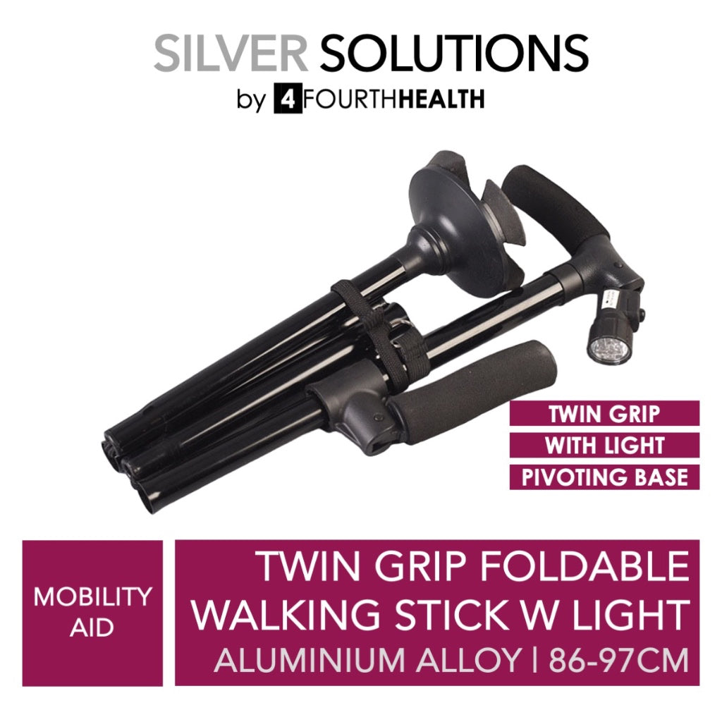Walking Stick Crane w Twin Grip and Light | Extra Support | Foldable & Adjustable Height | Walking Aid